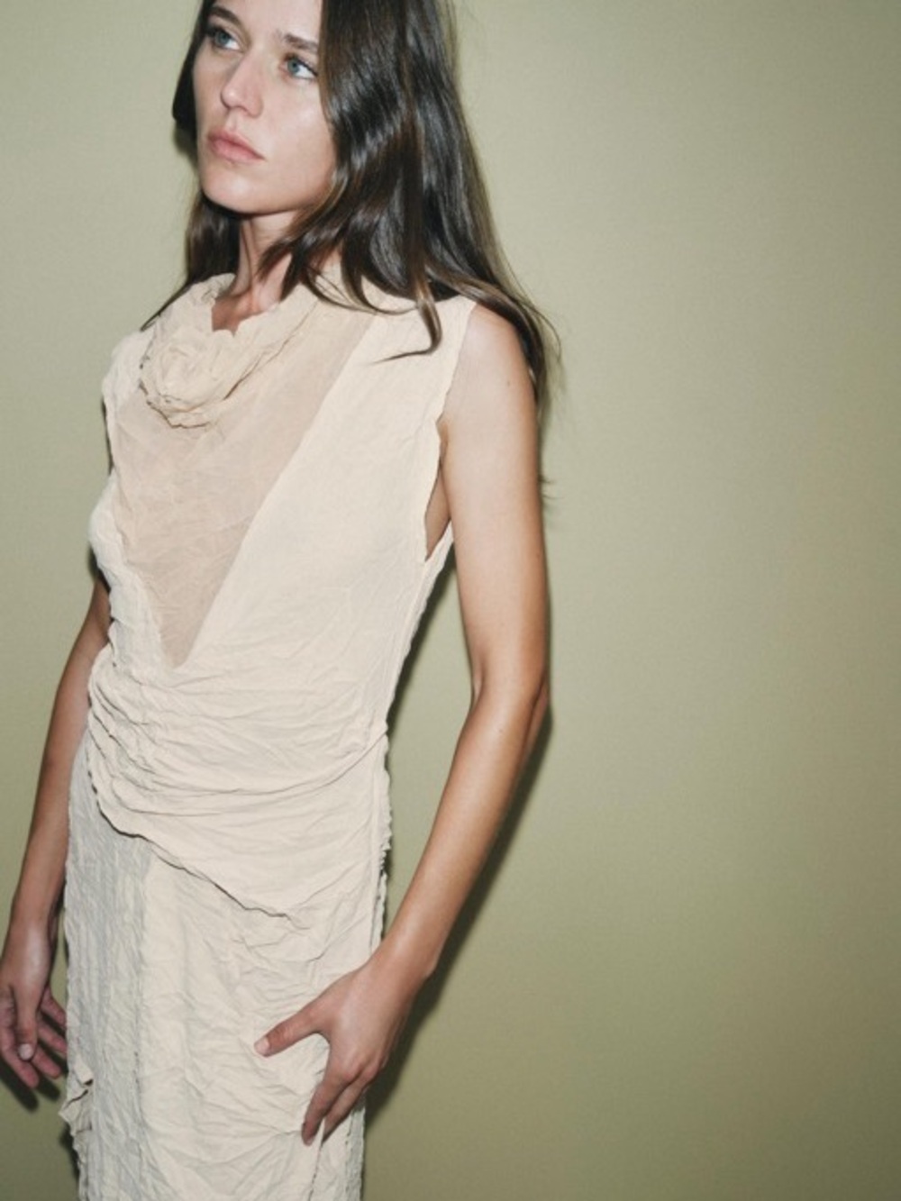Zara Sleeveless Cream Draped Midi Dress